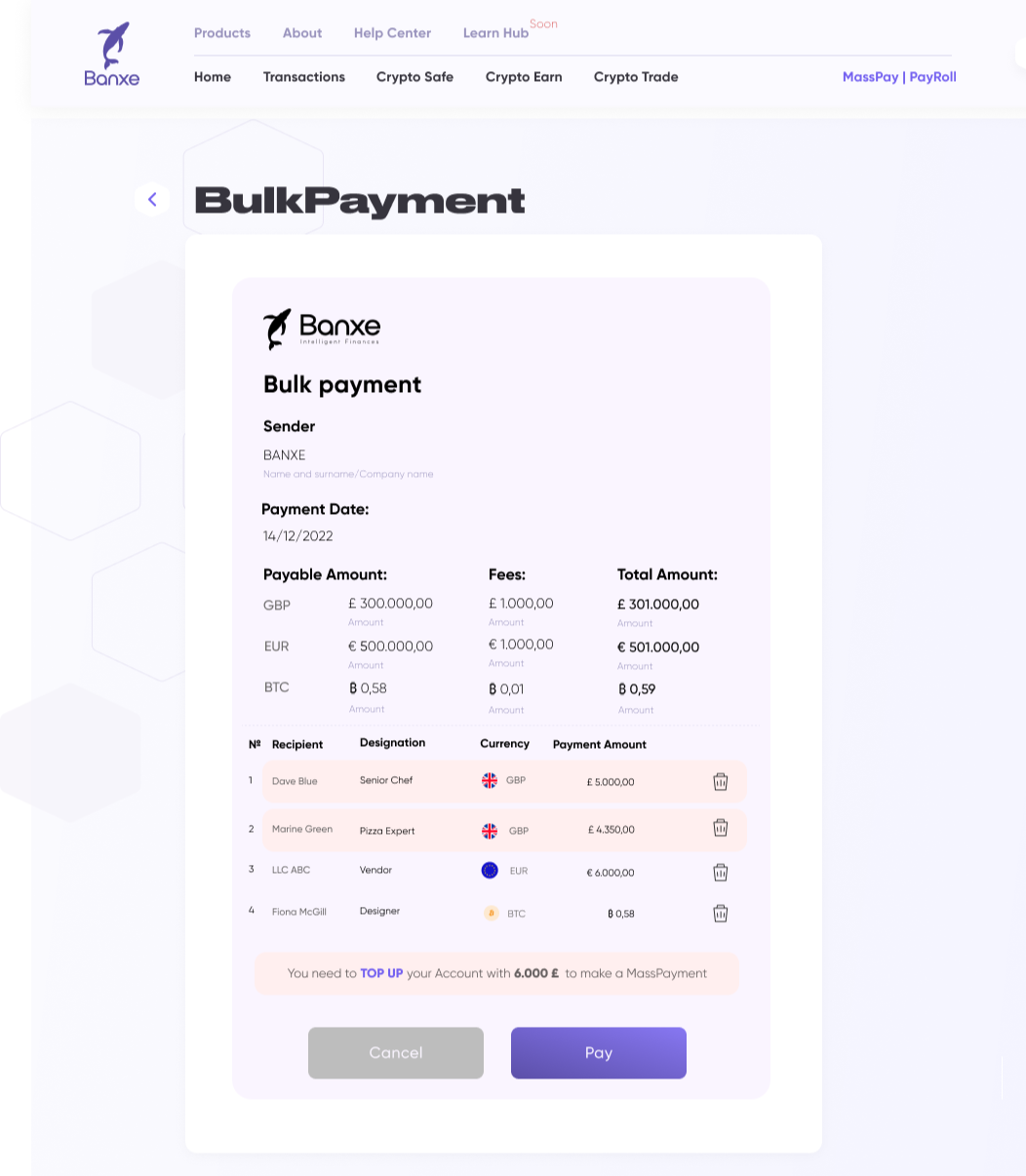 Bulk payment confirmation screen